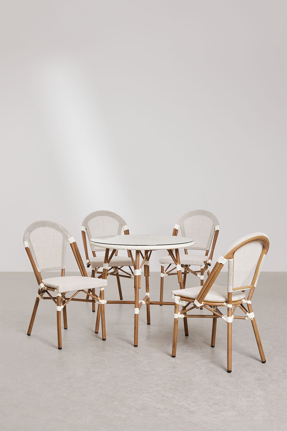 Brielle Bistro set tavolo rotondo Ø80 cm e 4 sedie da giardino impilabili in textilene e alluminio