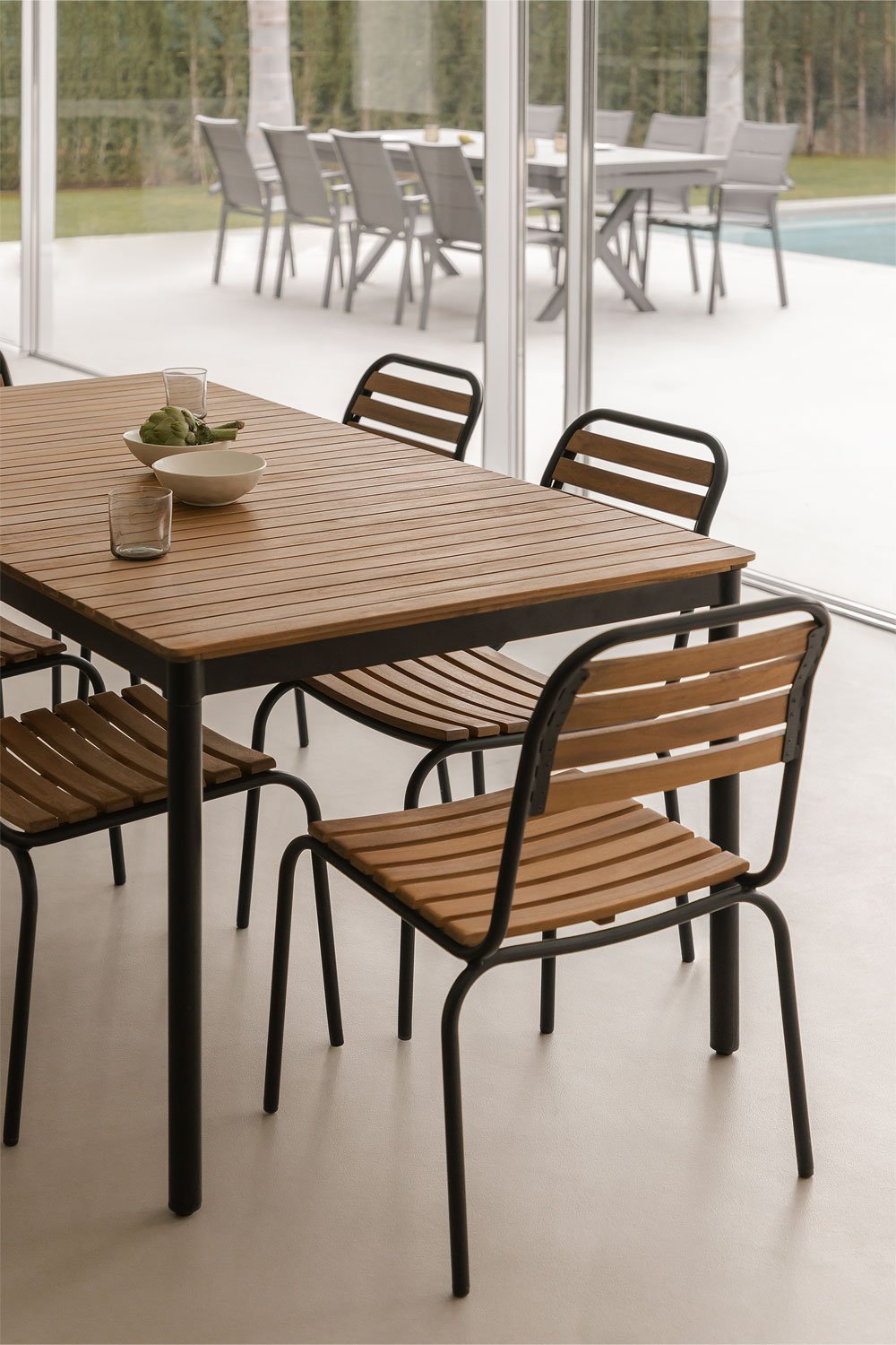 Confezione da 2 sedie da pranzo impilabili in acciaio e legno di acacia Artus