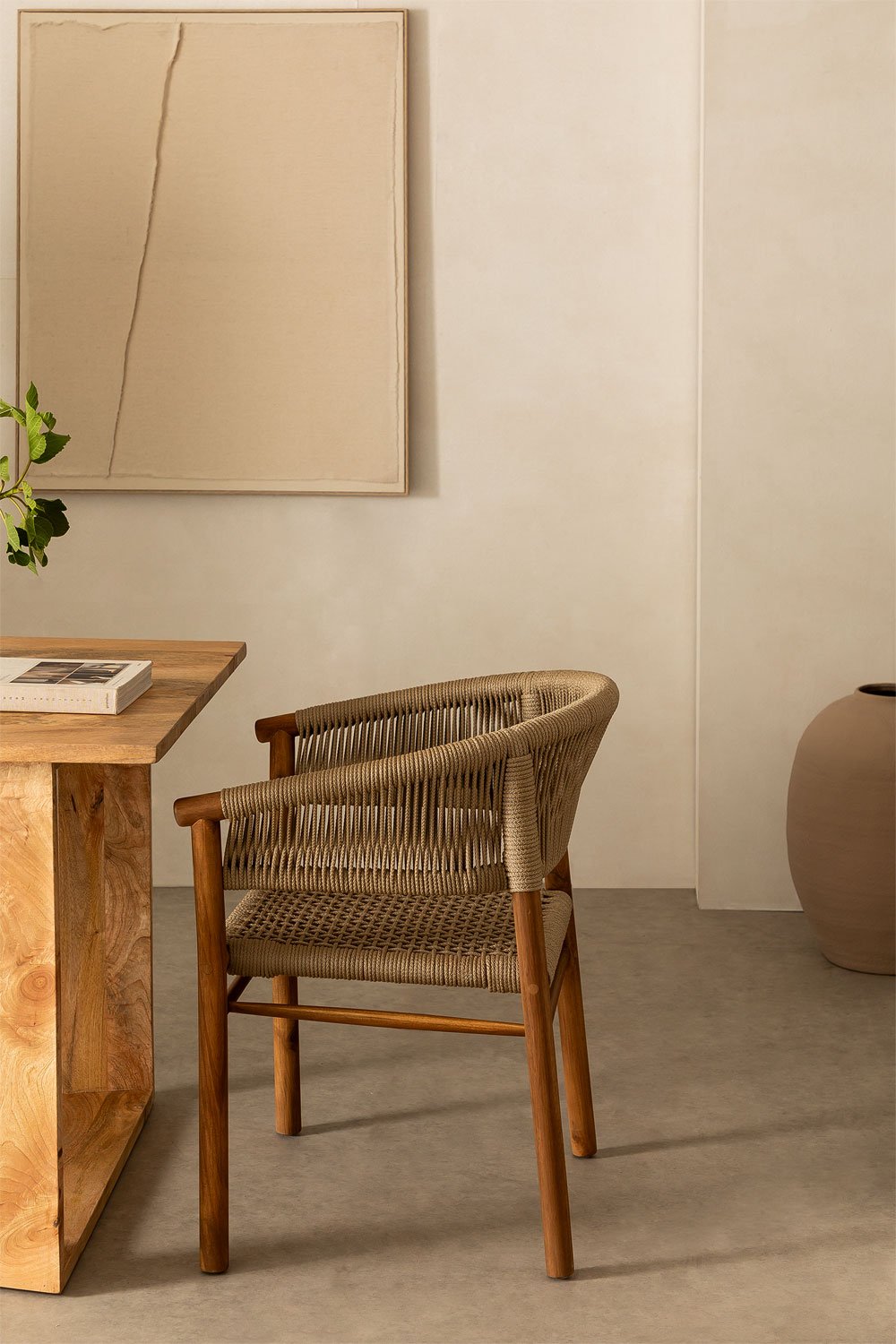 Confezione da 4 sedie da pranzo con braccioli in legno di acacia e corda intrecciata Tenay Classic