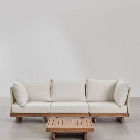 Set soggiorno con divano componibile 3 pezzi con 2 poltrone angolari e tavolino in legno di acacia Dailin