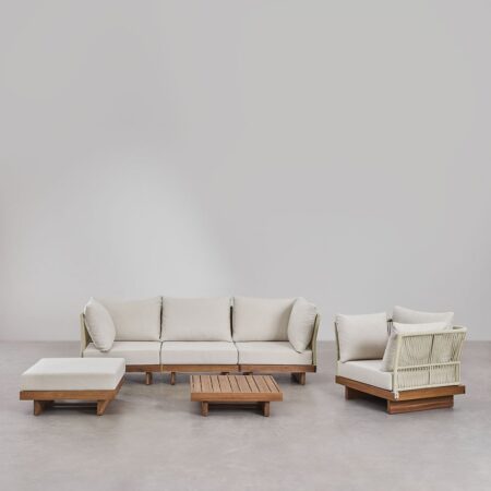 Set soggiorno con divano componibile 3 pezzi con 2 poltrone angolari, tavolino, poltrona e pouf in legno di acacia Dailin