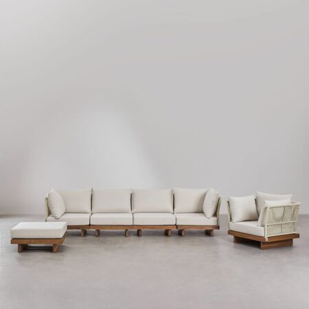 Set soggiorno con divano componibile 4 pezzi con 2 poltrone angolari, poltrona e pouf in legno di acacia Dailin