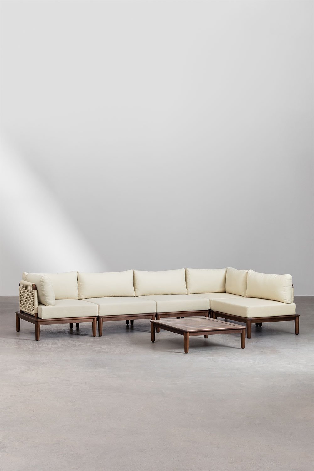 Set da giardino Giulia composto da divano angolare modulare 5 pezzi e tavolino in legno di acacia