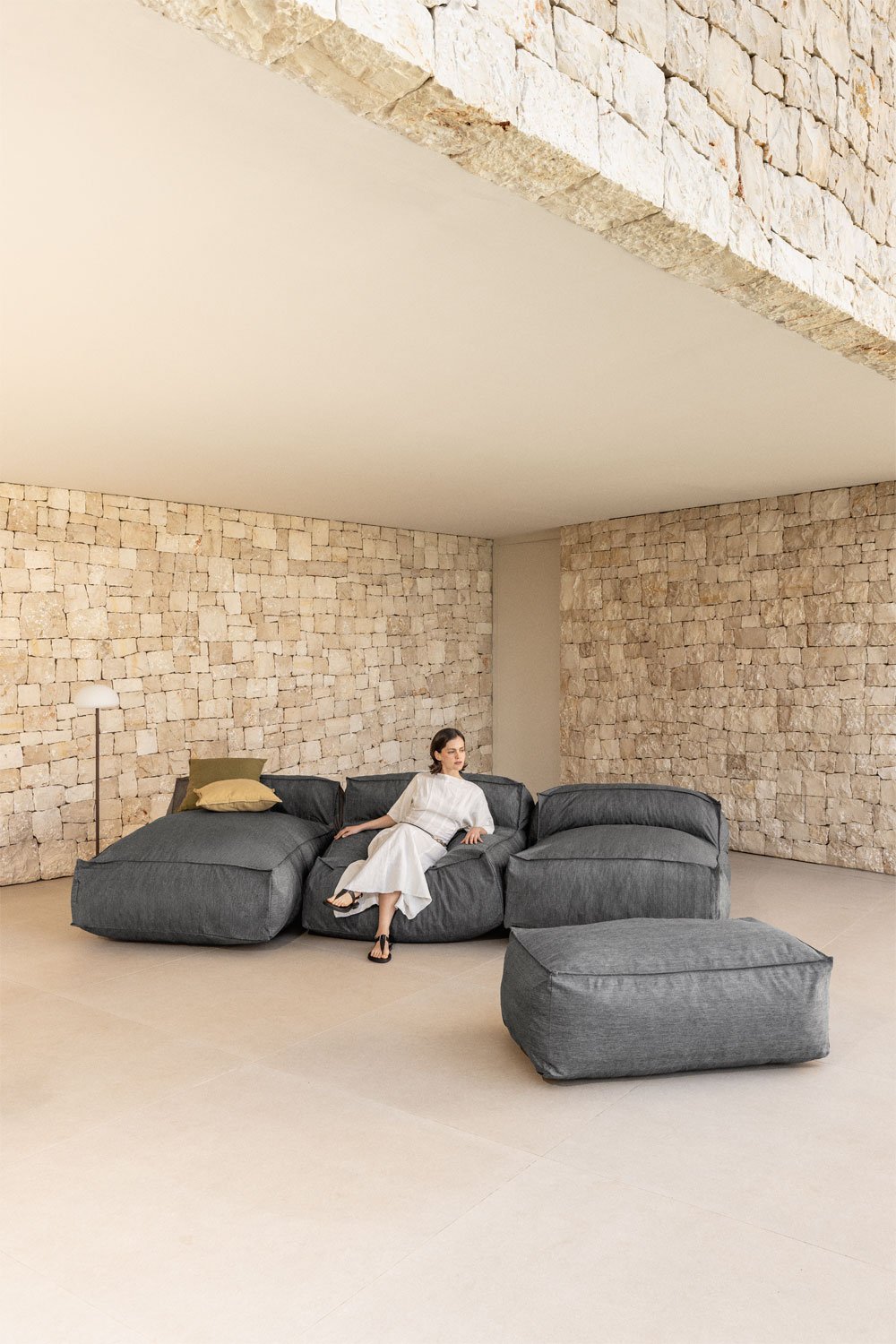 Divano Chaise Longue Modulare in 3 Pezzi e Puff per Giardino Dojans