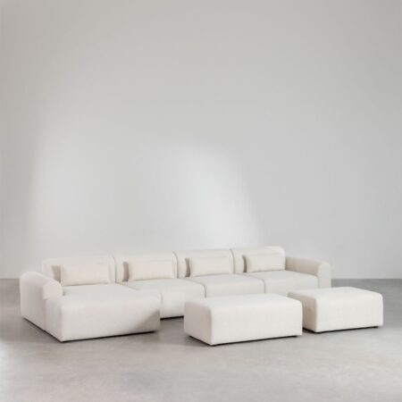 Sofà modulare con chaise longue sinistra a 4 pezzi con 2 pouf in tessuto bouclé Borjan