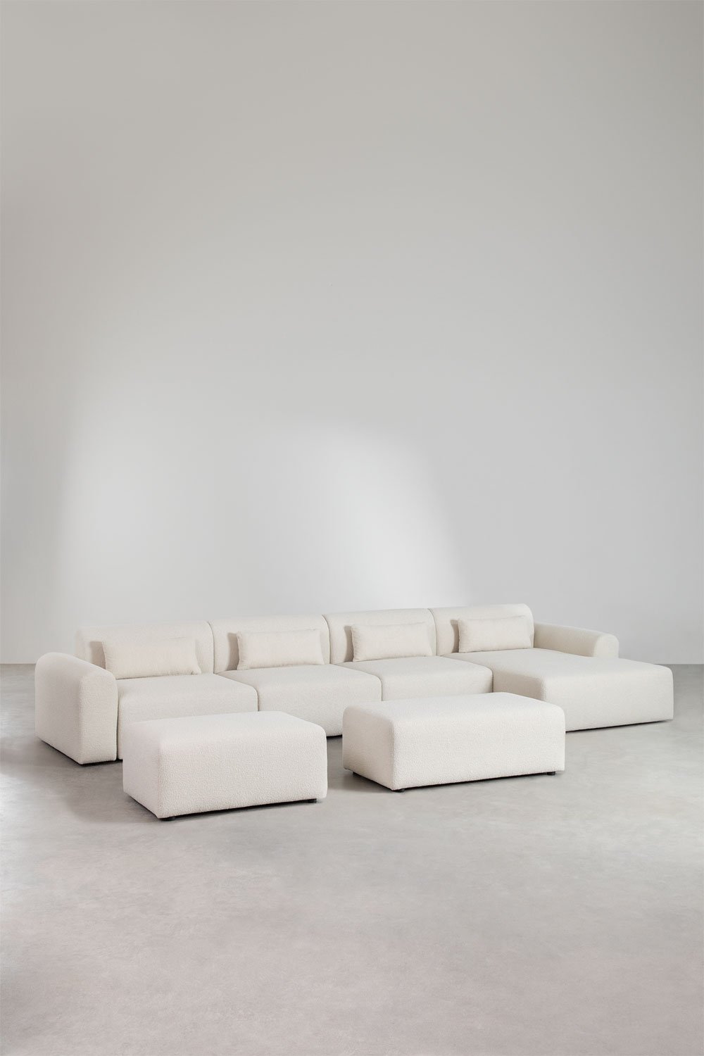 Sofà modulare con chaise longue destra di 4 pezzi 2 pouf in tessuto bouclé Borjan