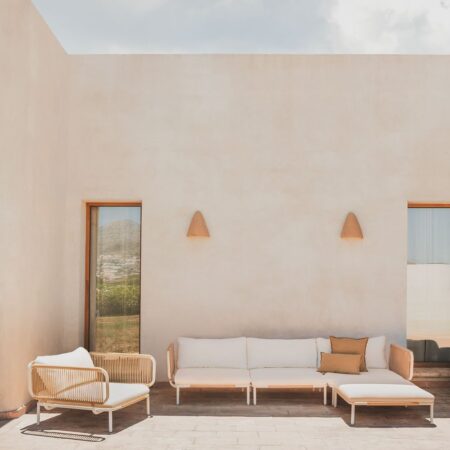 Divano da giardino componibile in 3 pezzi con 2 poltrone angolari, pouf e poltrona Roubly
