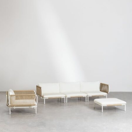 Divano da giardino componibile in 3 pezzi con 2 poltrone angolari, pouf e poltrona Roubly