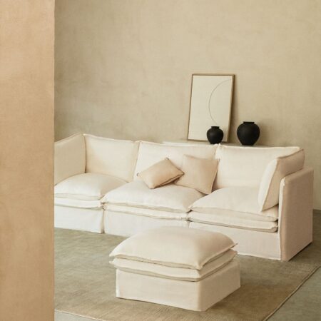 Divano componibile e pouf Grace in 3 pezzi in lino e cotone