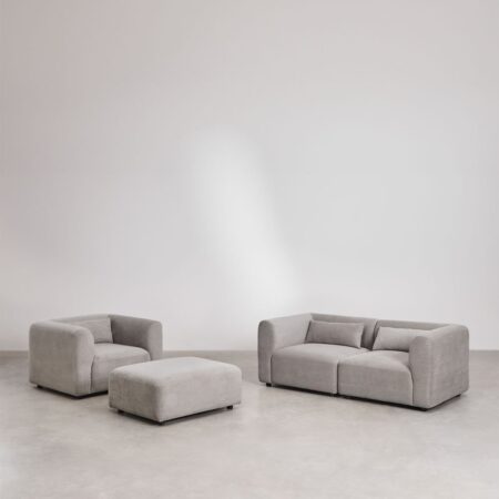 Set soggiorno con divano componibile in 2 pezzi, poltrona e pouf Fogler