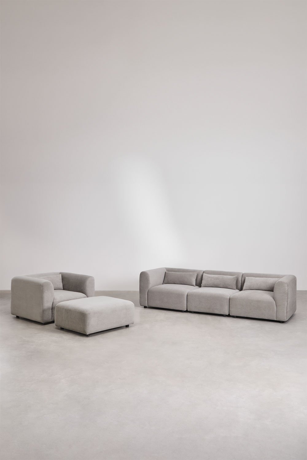 Set soggiorno con divano componibile in 3 pezzi, poltrona e pouf Fogler