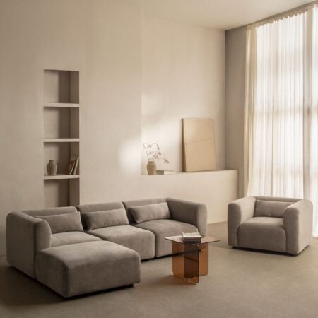 Set soggiorno con divano componibile in 3 pezzi, poltrona e pouf Fogler