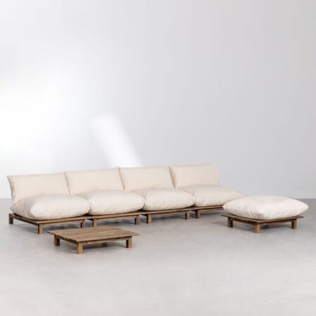 Set da salotto modulare reclinabile a 4 pezzi, tavolino da caffè e pouf in legno di acacia Brina