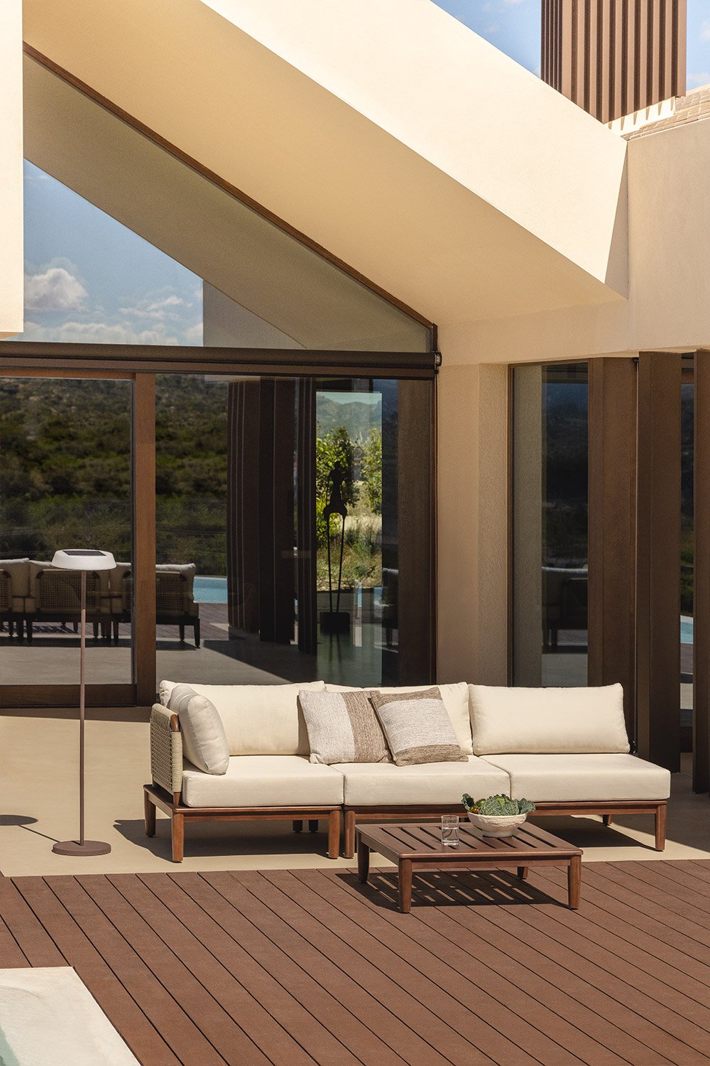 Set da giardino Giulia con divano angolare componibile 3 pezzi e tavolino in legno di acacia