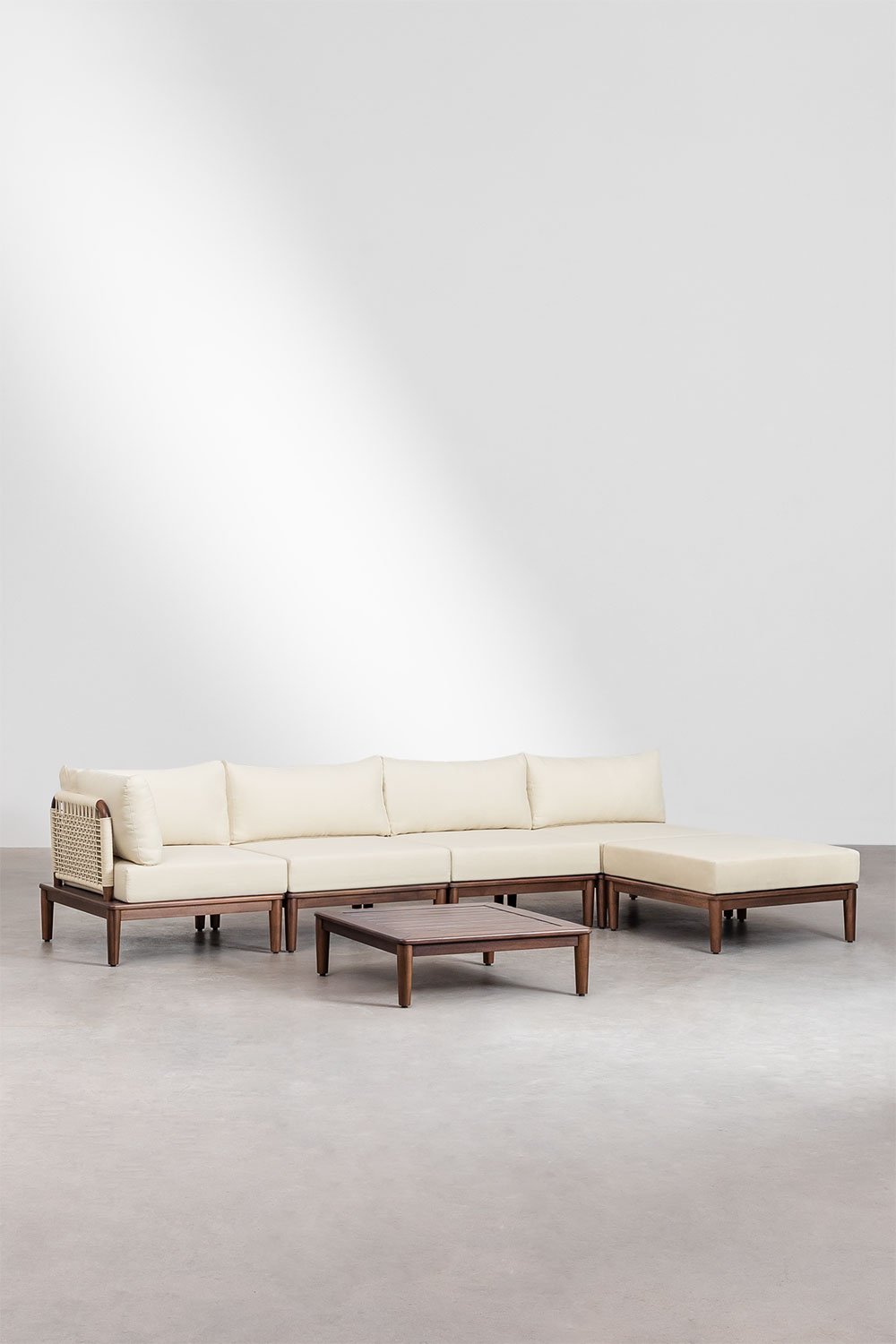 Set da giardino con divano angolare componibile 4 pezzi, tavolino e pouf in legno di Acacia Giulia