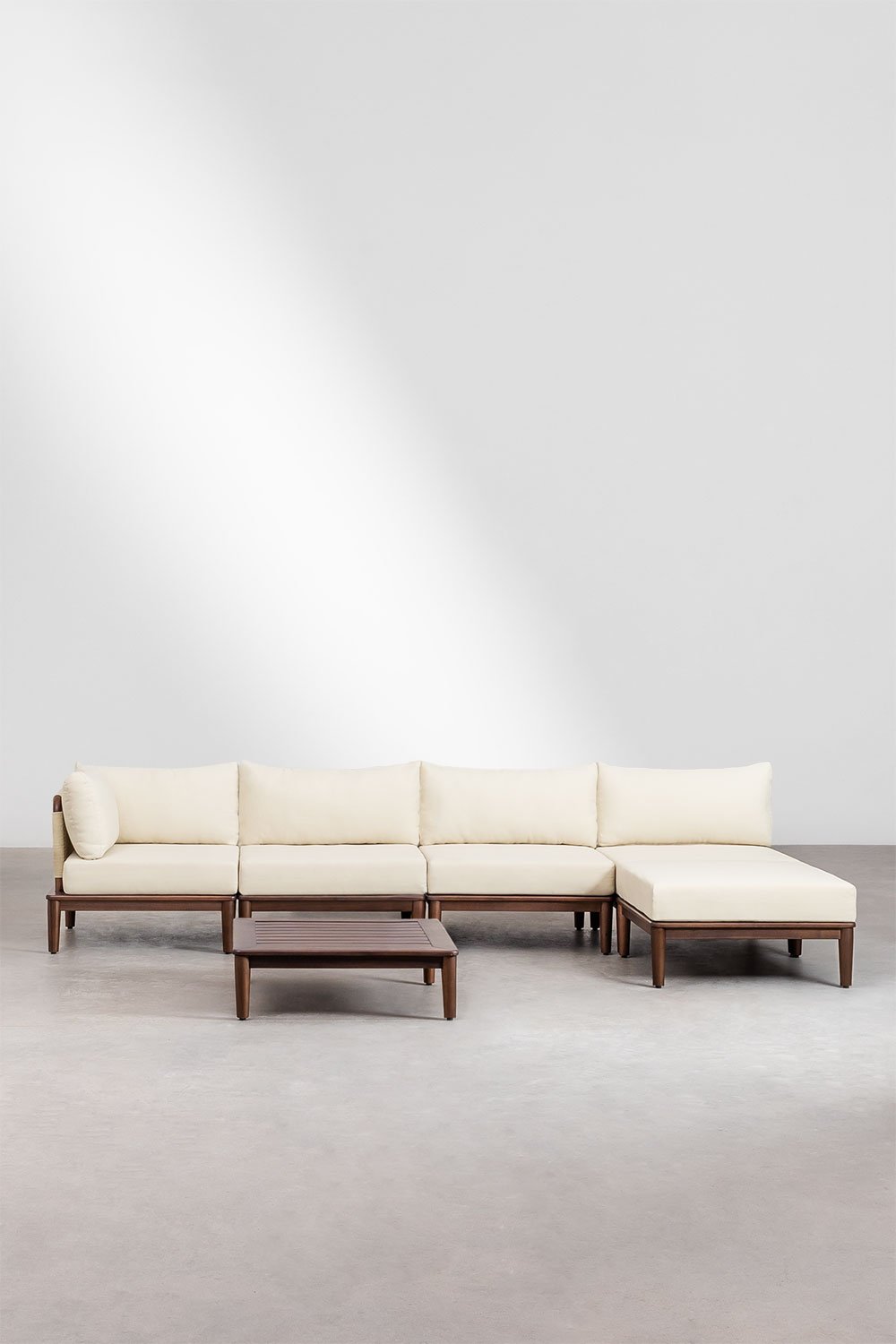 Set da giardino con divano angolare componibile 4 pezzi, tavolino e pouf in legno di Acacia Giulia