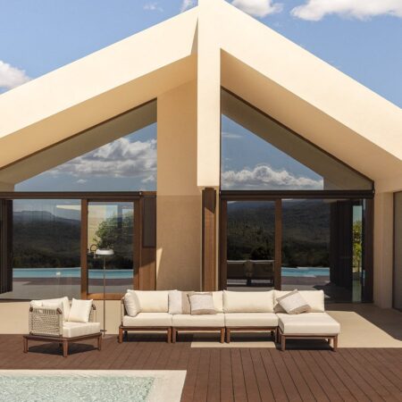 Set Giulia divano angolare componibile 4 pezzi con pouf e poltrona in legno di acacia