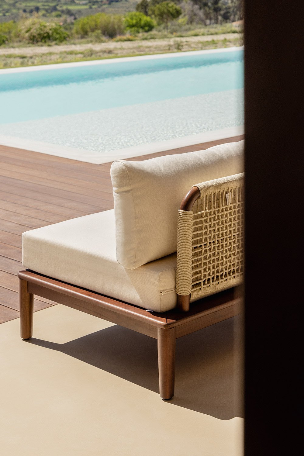 Set Giulia divano angolare componibile 4 pezzi con pouf e poltrona in legno di acacia