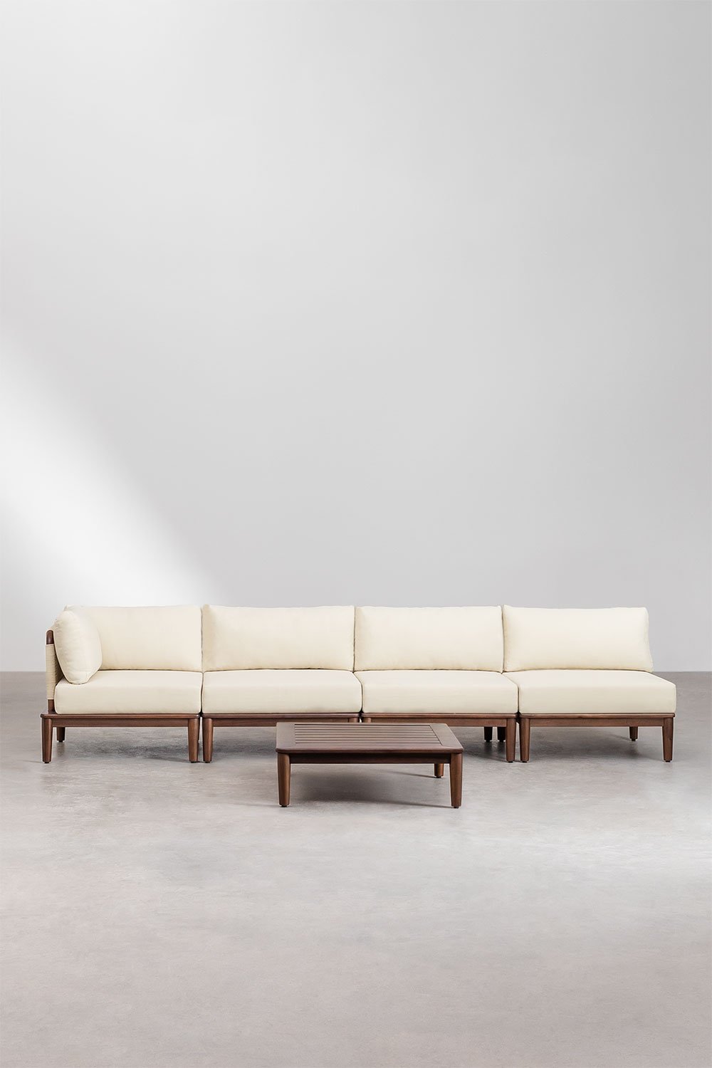 Set da giardino Giulia composto da divano angolare modulare 4 pezzi e tavolino in legno di acacia