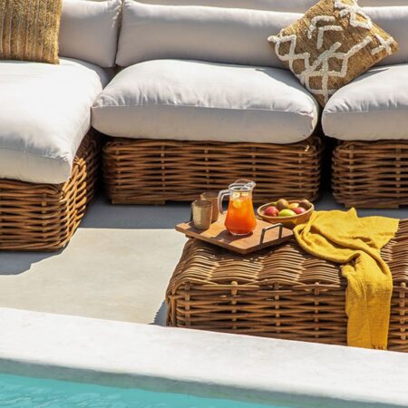 Divano da giardino componibile 3 pezzi con chaise longue sinistra e pouf in rattan Milu