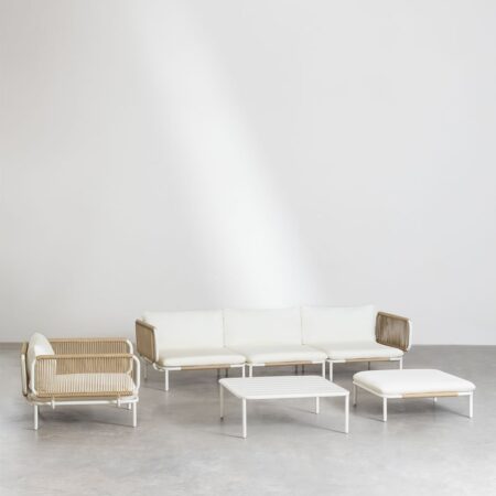 Divano da giardino componibile in 3 pezzi con 2 poltrone angolari, pouf, poltrona e tavolino Roubly