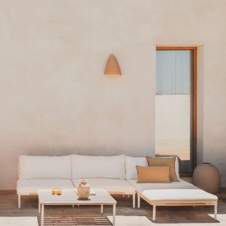 Divano da giardino componibile in 3 pezzi, pouf e tavolino Roubly