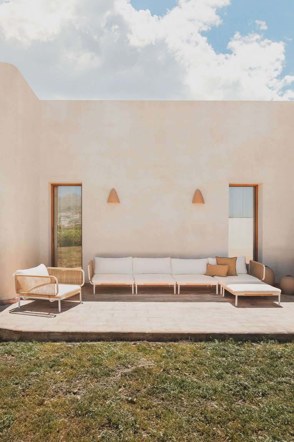 Divano da giardino componibile in 4 pezzi con 2 poltrone angolari, pouf e poltrona Roubly