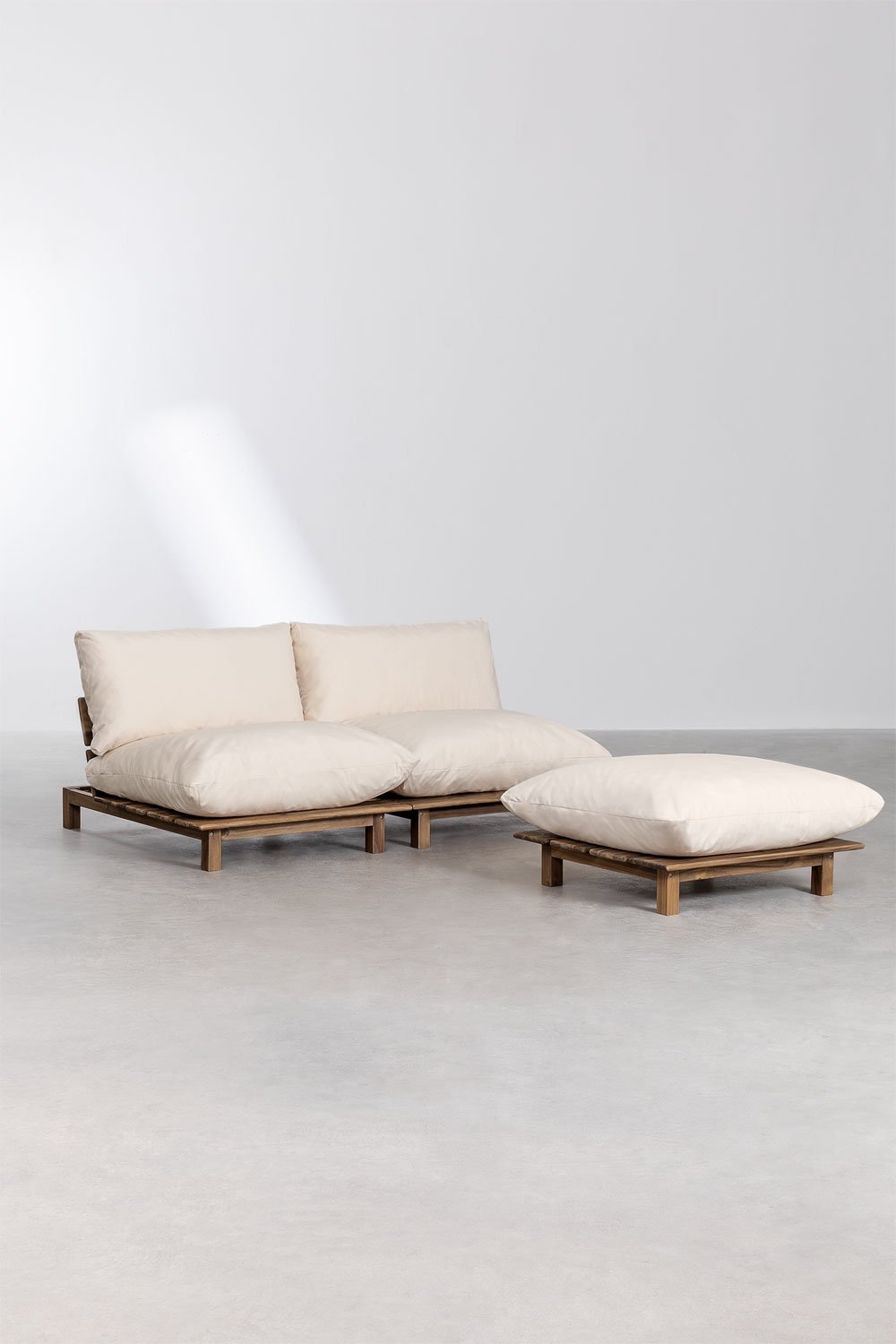 Divano reclinabile modulare da giardino in 2 pezzi con pouf in legno di acacia Brina