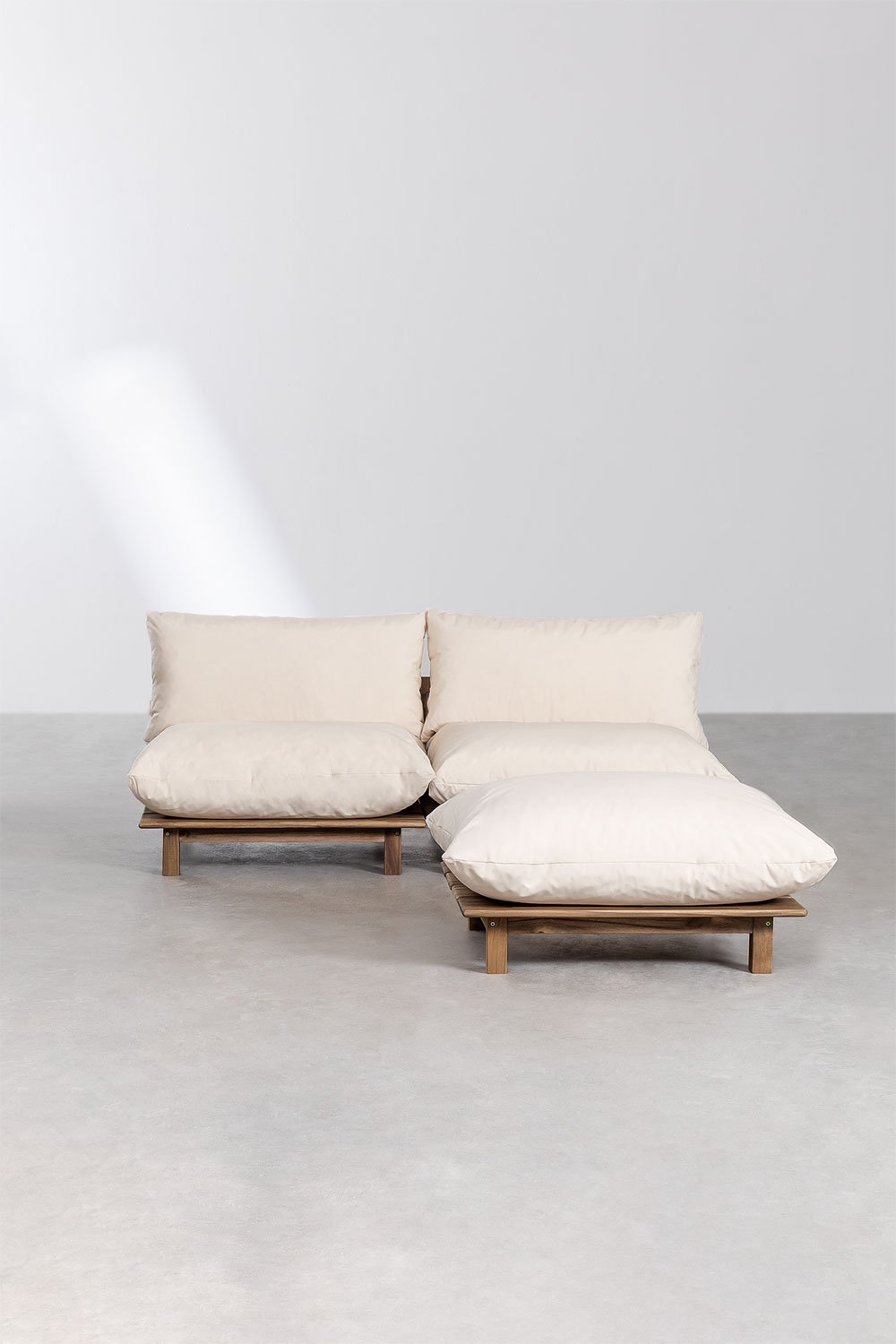 Divano reclinabile modulare da giardino in 2 pezzi con pouf in legno di acacia Brina