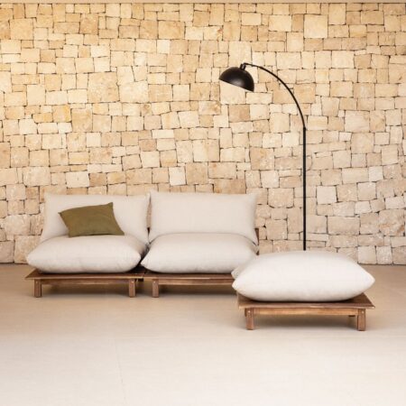 Divano reclinabile modulare da giardino in 2 pezzi con pouf in legno di acacia Brina