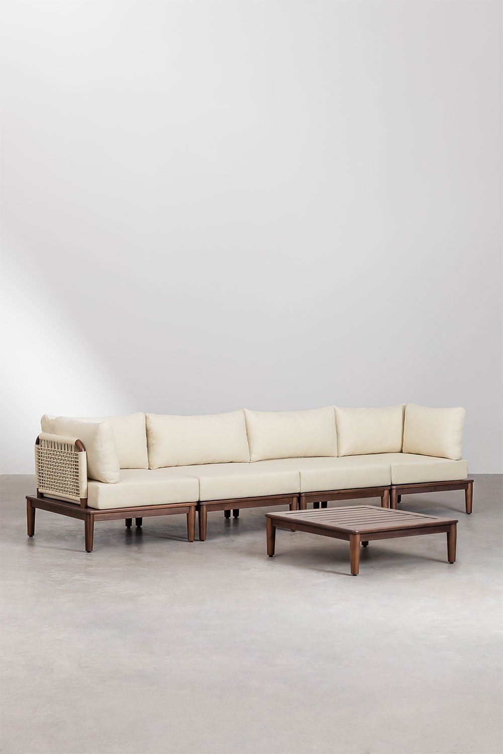 Set di divani da giardino modulari Giulia 4 pezzi con 2 poltrone angolari e un tavolino in legno di acacia