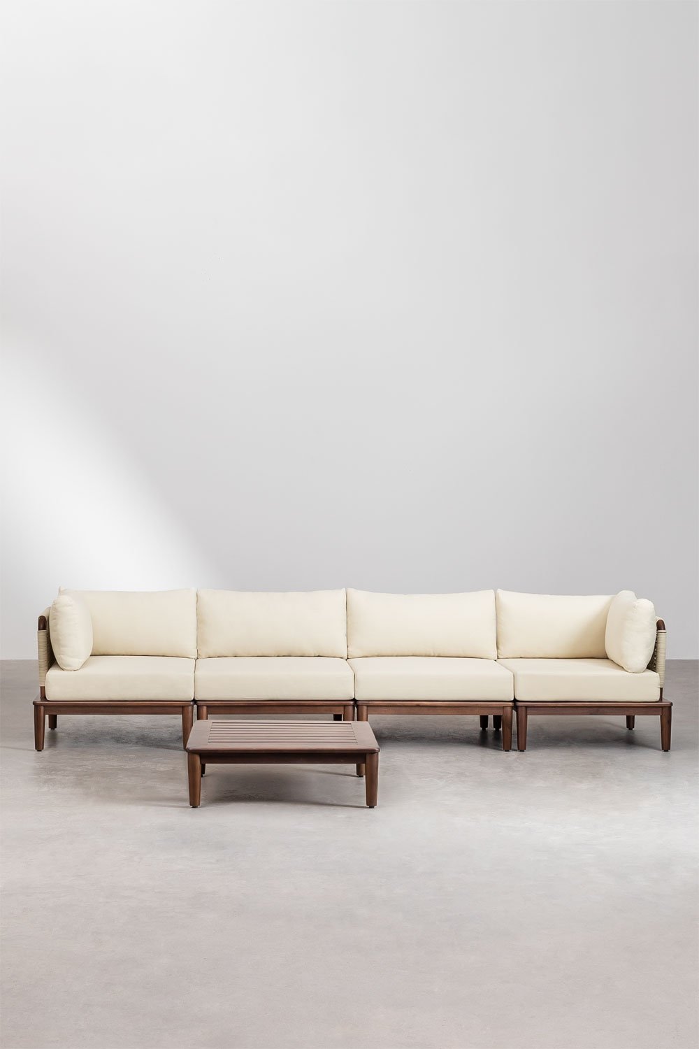 Set di divani da giardino modulari Giulia 4 pezzi con 2 poltrone angolari e un tavolino in legno di acacia