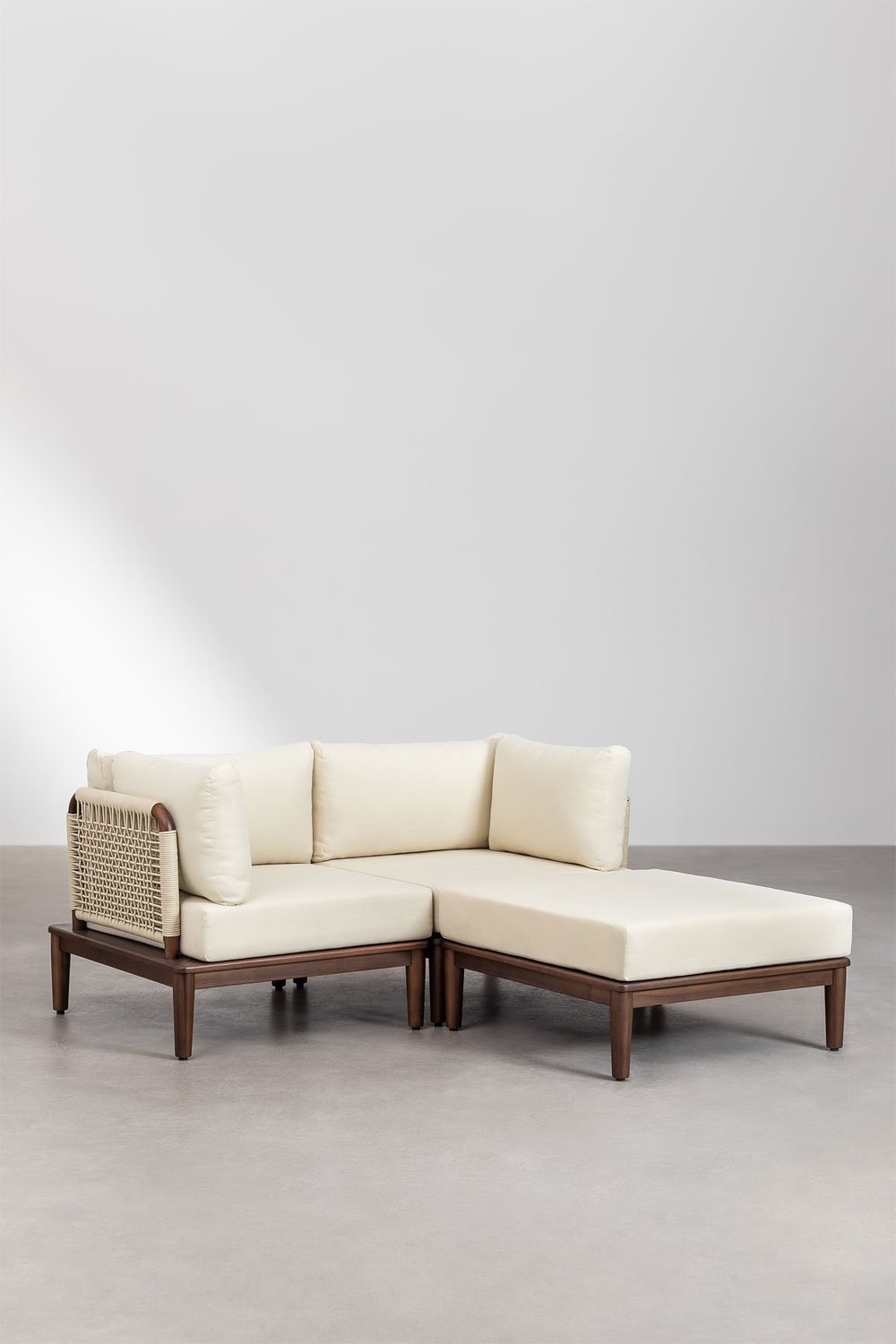 Divano da giardino componibile Giulia 2 pezzi con 2 poltrone angolari e pouf in acacia