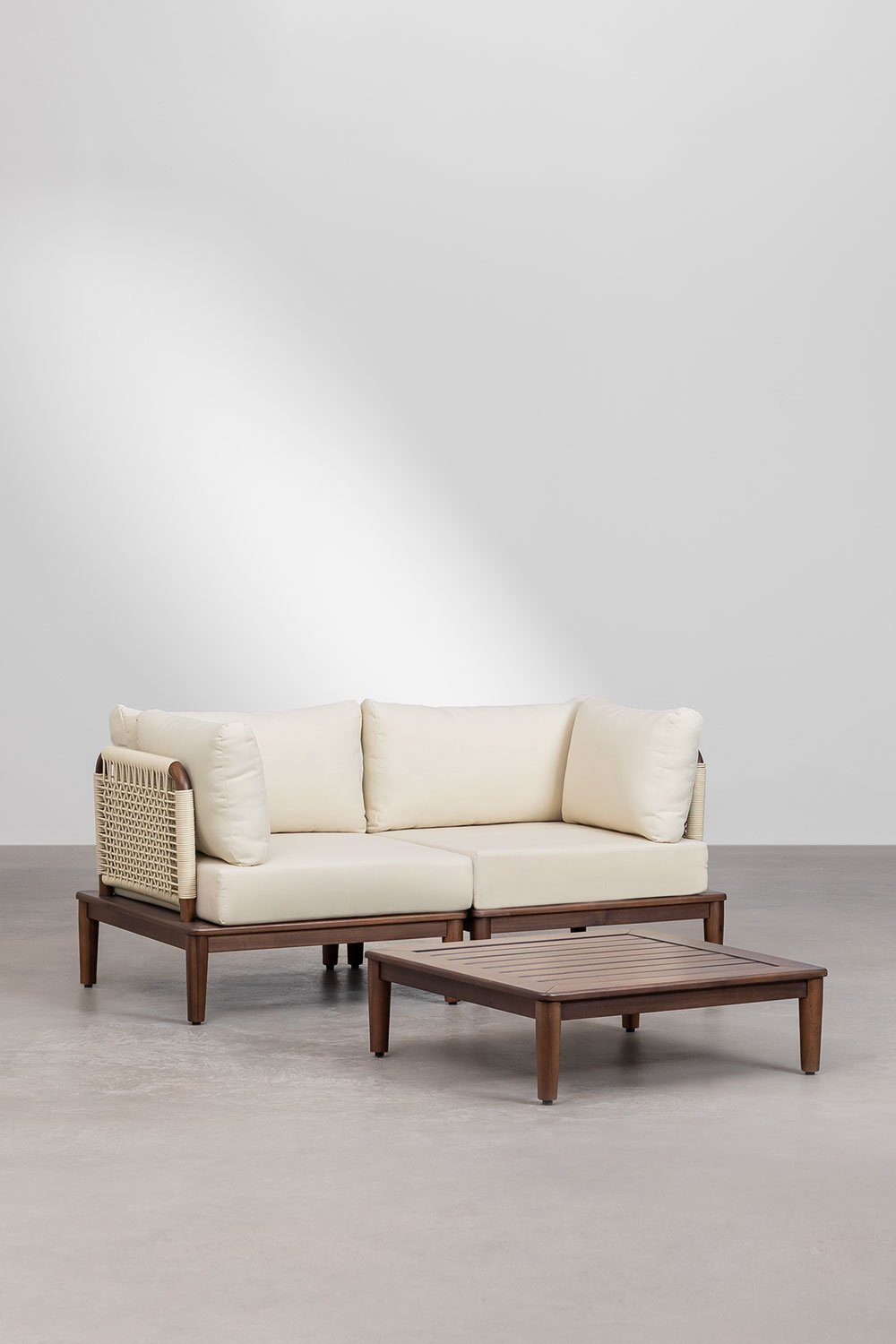 Set da giardino Giulia in legno di acacia con divano modulare a 2 pezzi, 2 poltrone angolari e tavolino da caffè