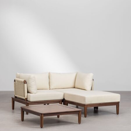 Set di divani modulari Giulia in legno di acacia, 2 pezzi, con 2 poltrone angolari, tavolino e pouf