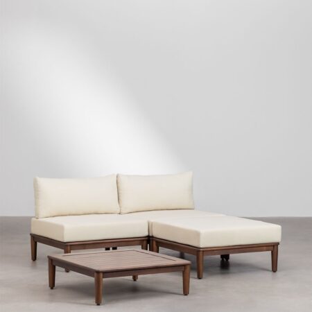 Set da giardino Giulia con divano modulare da 2 pezzi, tavolino e pouf in legno di acacia.