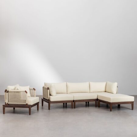 Divano da giardino modulare in 3 pezzi con 2 poltrone angolari, pouf e poltrona in legno di acacia Giulia