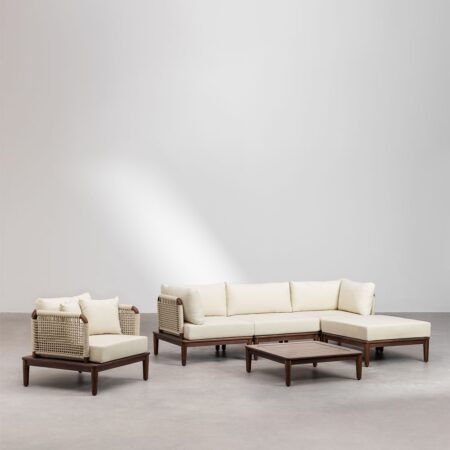 Giuli Acacia Wood Divano modulare da giardino set 3 pezzi con 2 sedie angolari, pouf, poltrona e tavolino