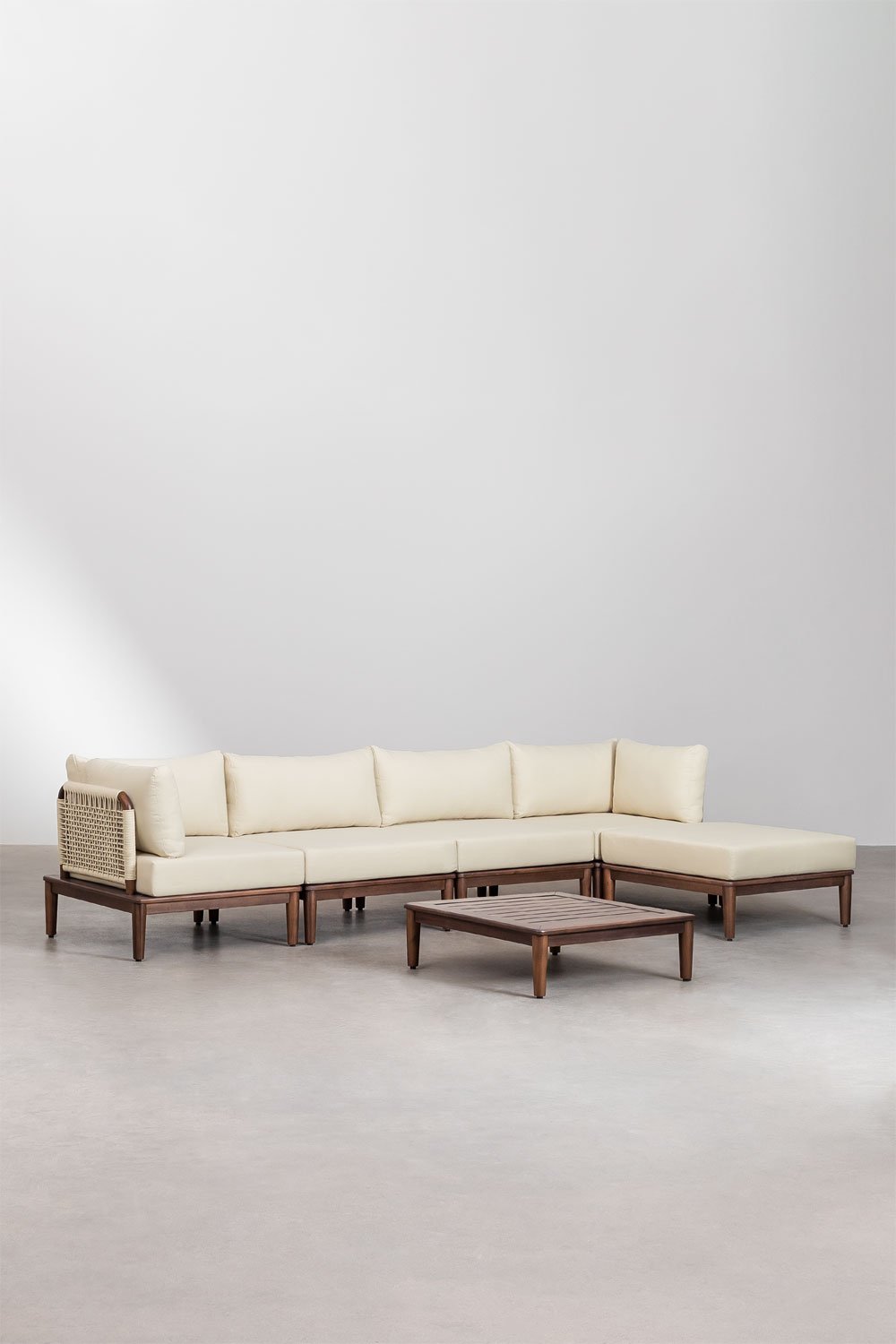 Set di divani da giardino modulari Giulia 4 pezzi con 2 poltrone angolari, tavolino e pouf in legno di acacia