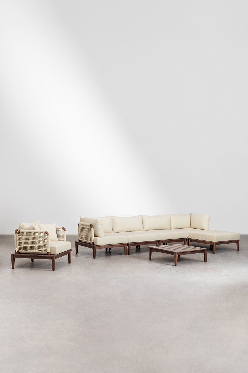 Set da giardino con divano componibile 4 pezzi con 2 poltrone angolari, tavolino, pouf e poltrona Giulia in legno di acacia
