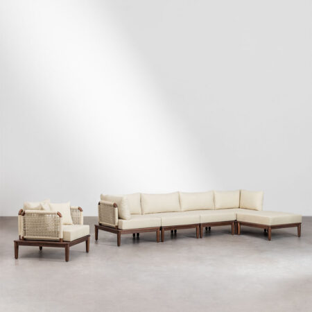 Set da giardino con divano componibile in 4 pezzi con 2 poltrone angolari, pouf e poltrona in legno di acacia Giulia