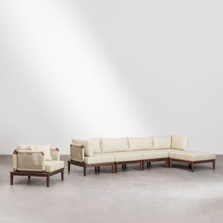 Set da giardino con divano componibile in 4 pezzi con 2 poltrone angolari, pouf e poltrona in legno di acacia Giulia