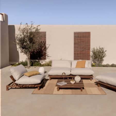 Set da giardino con divano reclinabile modulare da giardino 3 pezzi con tavolino e pouf in legno di acacia Brina