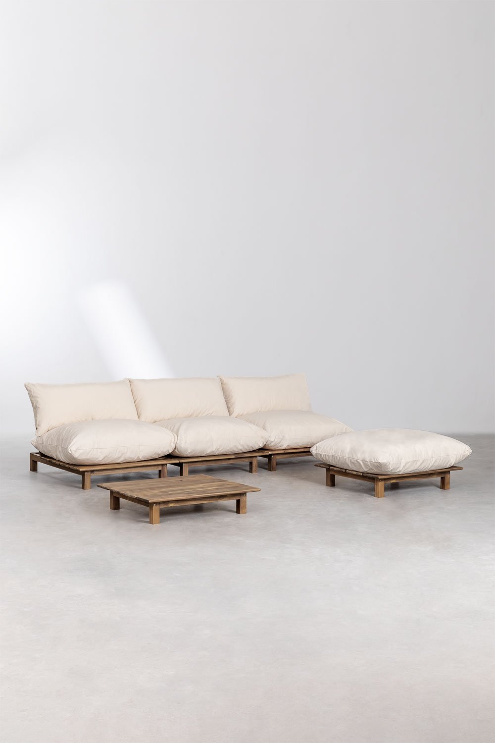 Set da giardino con divano reclinabile modulare da giardino 3 pezzi con tavolino e pouf in legno di acacia Brina