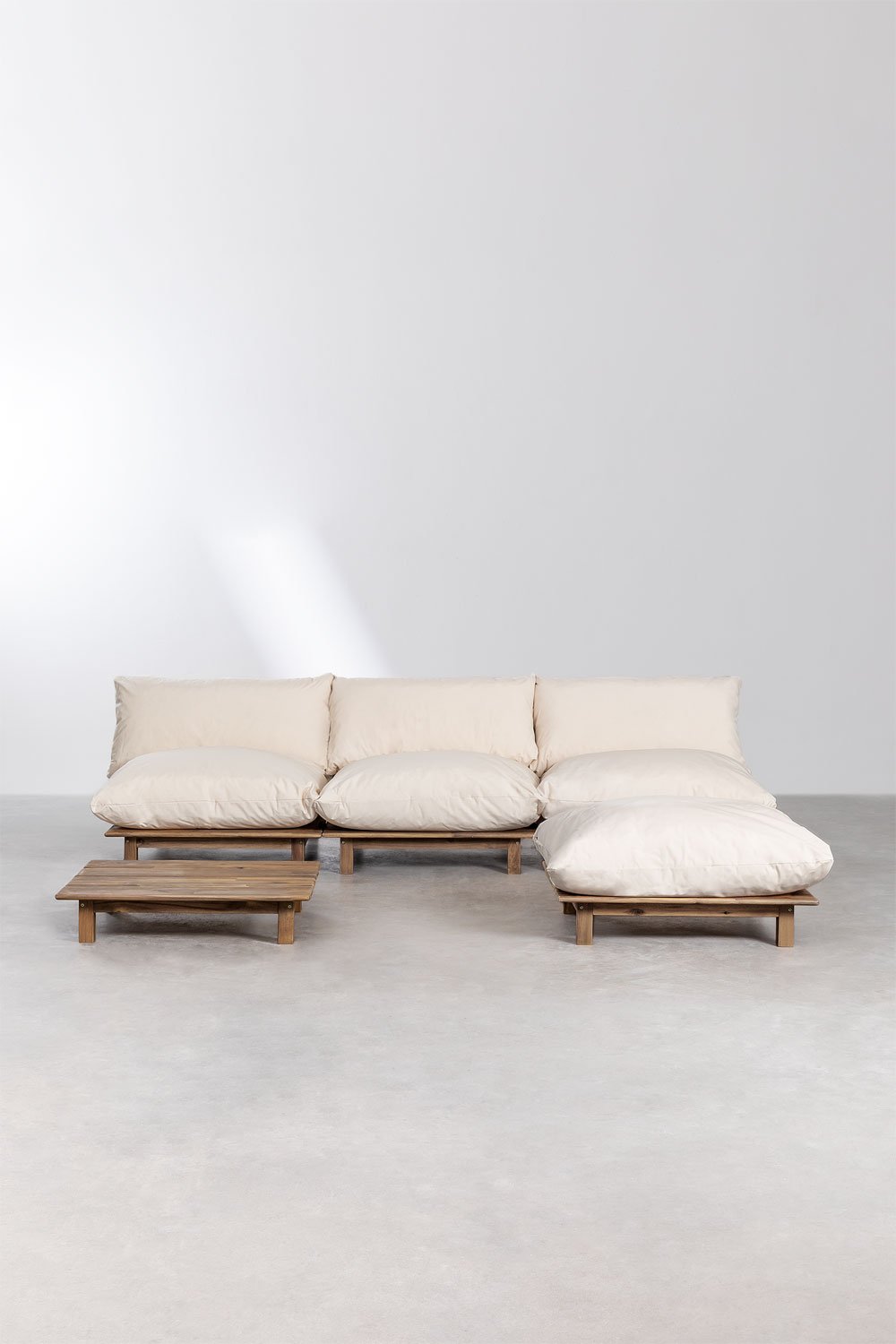 Set da giardino con divano reclinabile modulare da giardino 3 pezzi con tavolino e pouf in legno di acacia Brina