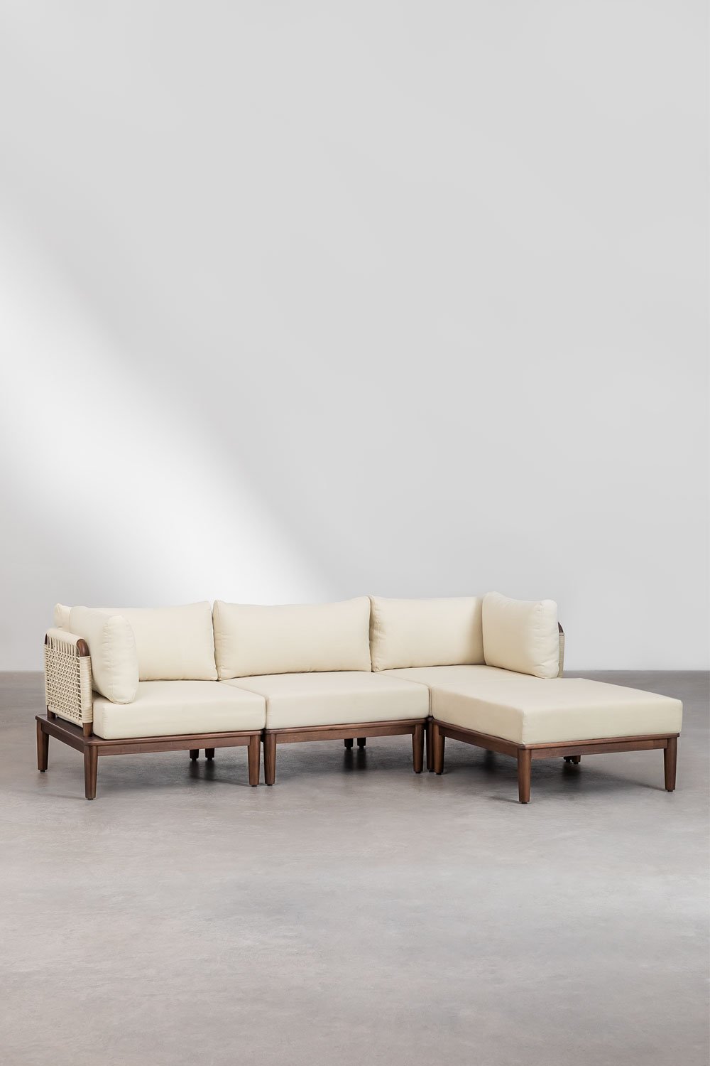 Divano da giardino componibile Giulia 3 pezzi con 2 poltrone angolari e pouf in acacia