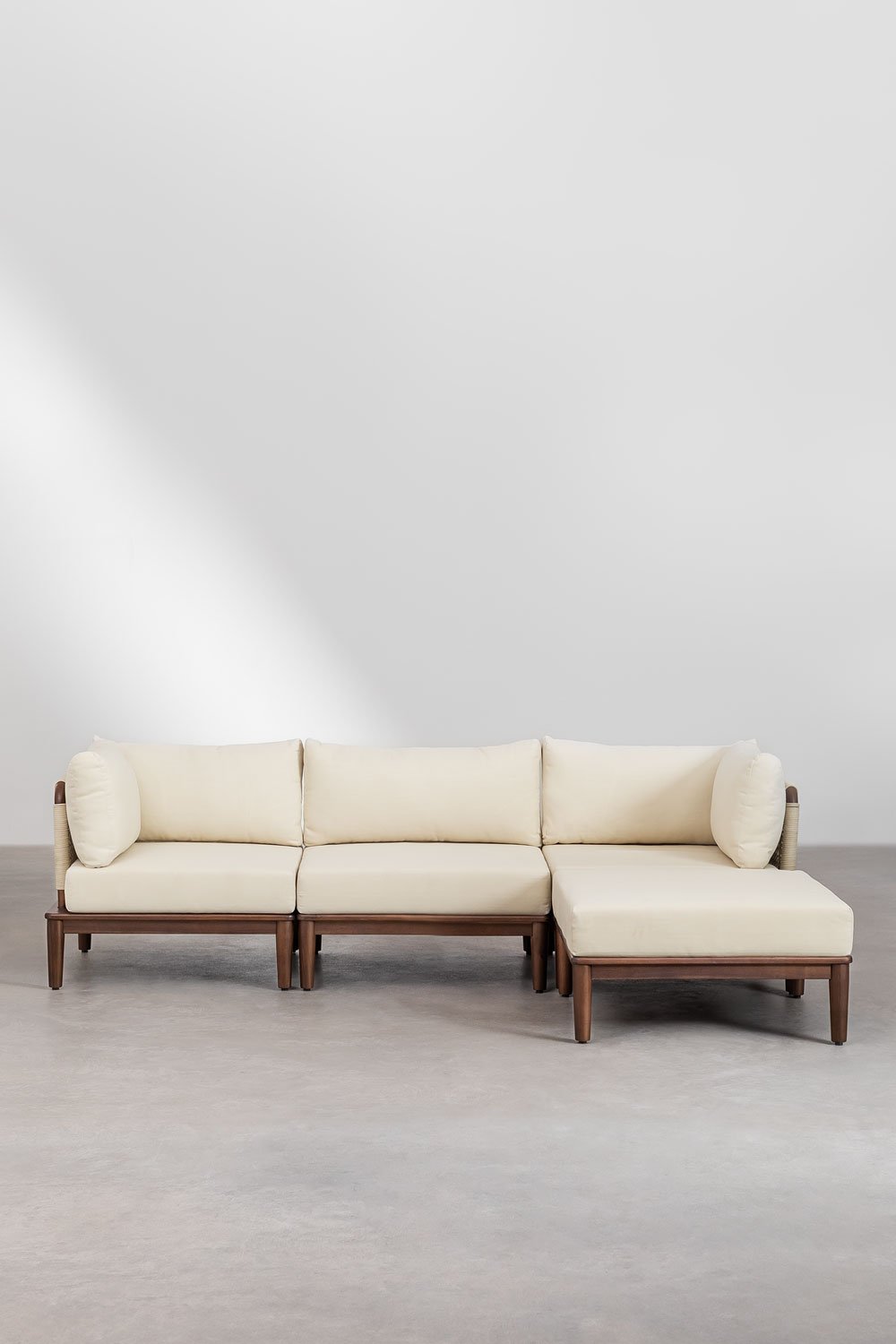 Divano da giardino componibile Giulia 3 pezzi con 2 poltrone angolari e pouf in acacia