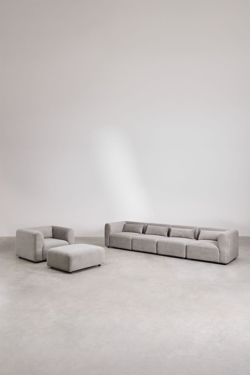 Set soggiorno con divano componibile in 4 pezzi, poltrona e puff Fogler