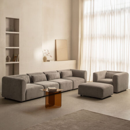 Set soggiorno con divano componibile in 4 pezzi, poltrona e puff Fogler