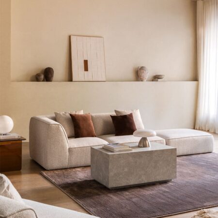 Divano modulare angolare a 2 pezzi con pouf rivestito Cardea